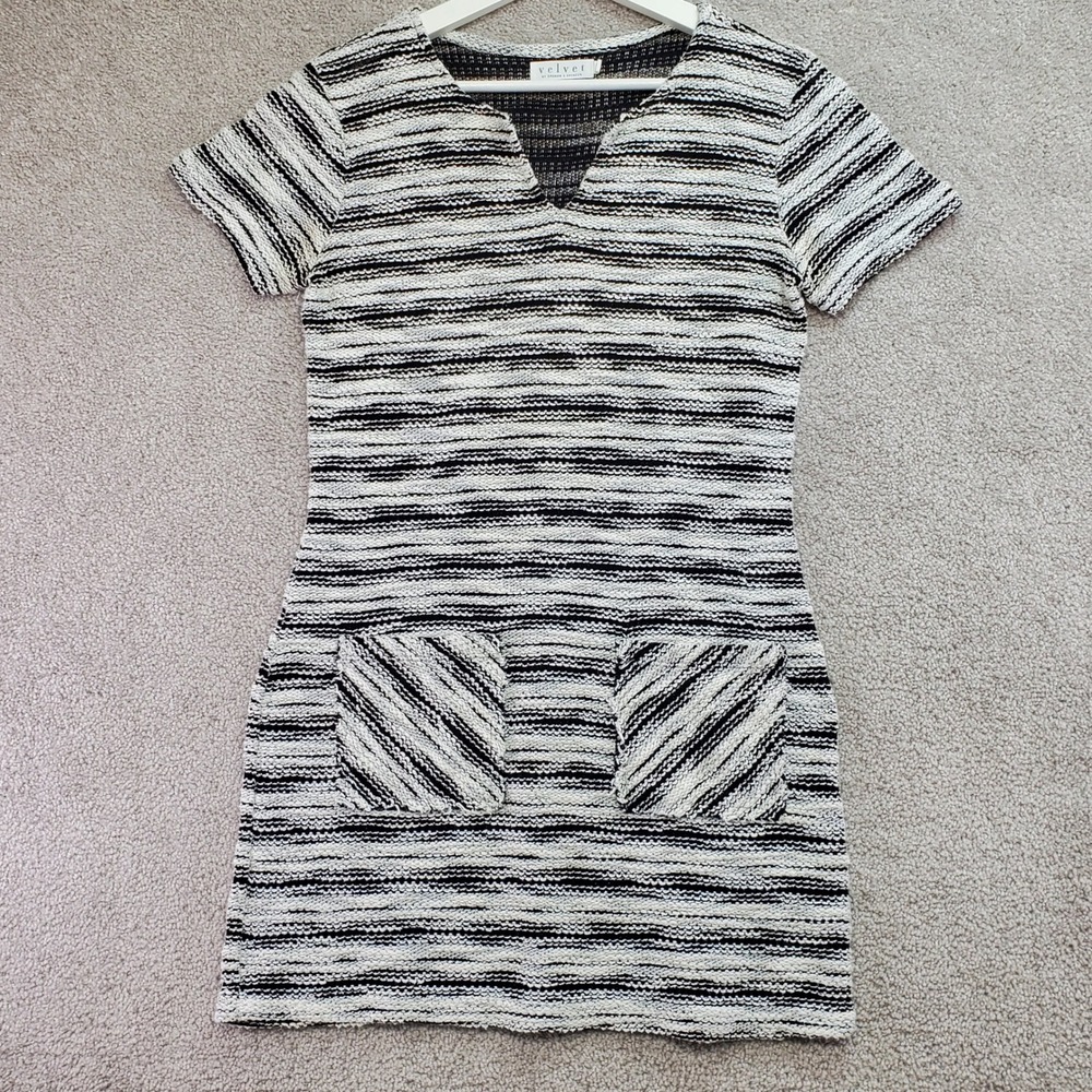 Velvet by Graham Spencer Black White Striped Terry Knit Dress Petite Size P